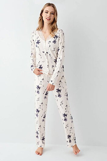 Arnetta Women's Pajama Set, Floral Print, Shirt Collar Lace Trim, Long Sleeve, Cotton & Modal & Lycra
