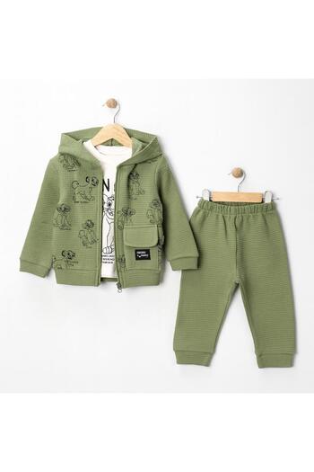 RAPAPA Baby Boy Hooded 3-Piece Set – Green Tracksuit Bottom Top + Printed T-Shirt 7156Y