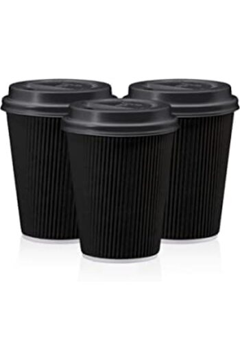 MARKQ [25 Pack] 8oz Black Disposable Coffee Cups with Lids - Triple Wall Ripple Cups for Hot & Cold Drinks