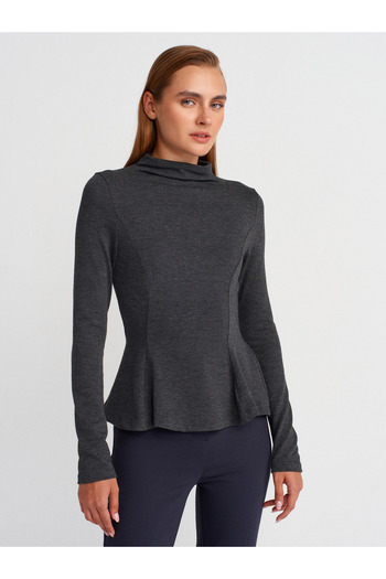 Dilvin 32038 Long Sleeve Peplum Top-Anthracite m