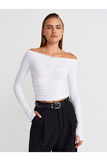 Dilvin 32089 Off-The-Shoulder Gathered Top-White