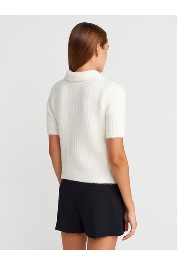 Dilvin 10814 Polo Neck Soft Textured Knit Sweater-Ecru
