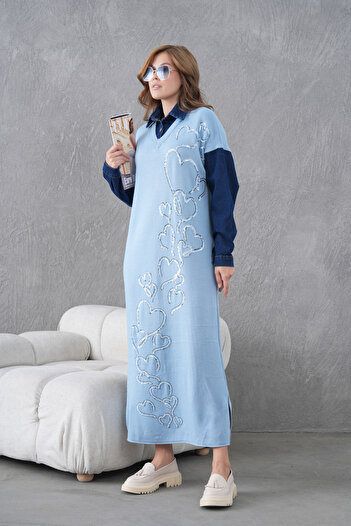 Miss Allos Rochie lungă din tricot pentru femei, cu mâneci din denim, cu perle de sticlă și paiete brodate în față