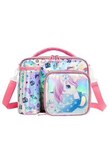 Eazy Kids Bottle, Lunch Bag With Detachable, Adjustable Shoulder Strap - Unicorn Chrome - Pink