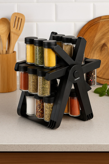 Dania Modern Design Rotating Spice Organizer - 18 Glass Jars with Black Lid