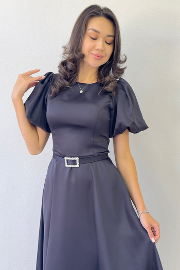 thezkscom Women's Balloon Sleeve Stone Belted Midi Length Satin Evening Dress Indigo, Black, White