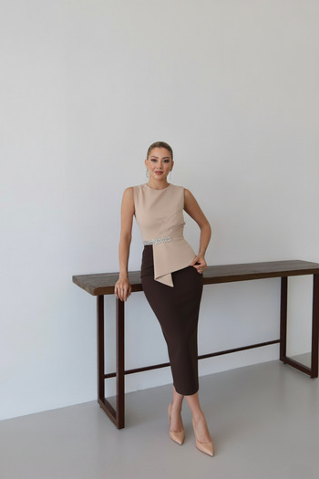 1Moda1Tarz Γυναικείο Εισαγόμενο Ύφασμα Πέτρα Κεντημένο Φόδρα με Σχισμή Φόδρα Ειδικού Σχεδιασμού Φόρεμα