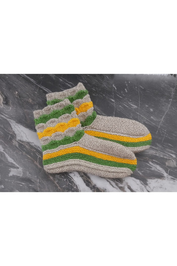 PUREYSMA Handmade Booties – Size 36-38 Yellow Green Patterned Wool Knitted Warm Home Booties