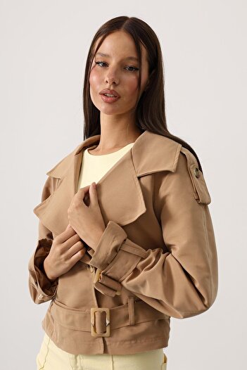 VAGGON Jachetă de damă, cu nasturi, cu centură, în stil trench scurt, Vs01138