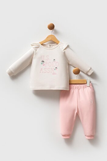 U.S. Polo Assn. Ecru Pink Baby Girl 2-Piece Top and Bottom Set