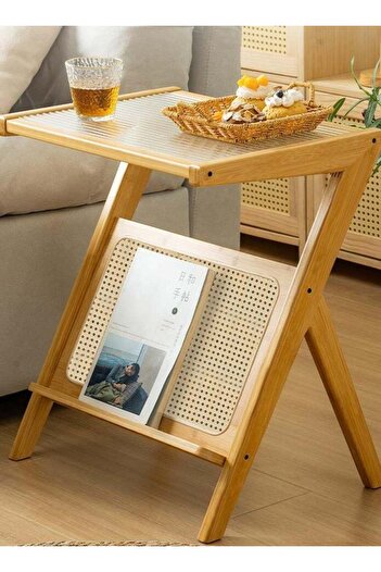 COOYA Rattan Side Table, Z Shape Mid Century End Table Modern Bamboo Accent Bedside Nightstand Tables