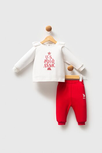 U.S. Polo Assn. Red and White Baby Girl Top and Bottom Set, 100% Cotton