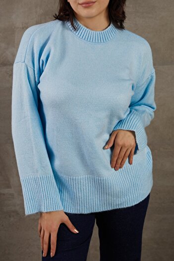 Caddebostan Moda Pulover lung de tricotaj oversize cu mâneci joase pentru femei, albastru