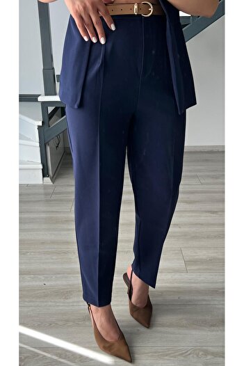 Oslove Navy Blue Belted Double Crepe Trousers