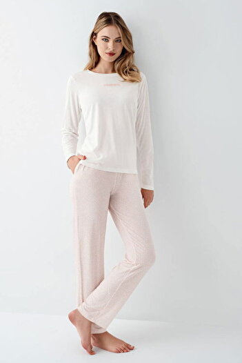 Arnetta Women's Pajama Set, Printed, Crew Neck, Long Sleeve, with Pockets, 50% Cotton, 50% Modal, White