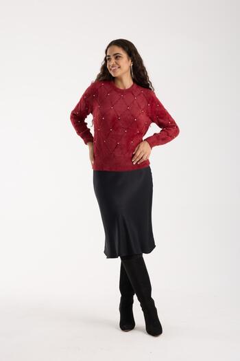 Moda Days Women's Burgundy Crew Neck Stone Embroidered Knitwear Sweater