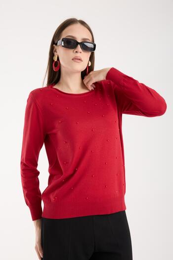 Moda Days Women's Red U-Neck Stone and Pearl Embroidered Knitwear Sweater