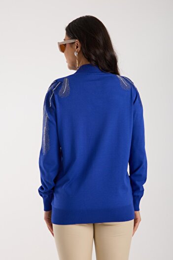 Moda Days Women's Saks Blue Half Turtleneck Shoulder Stone Embroidered Knitwear Sweater