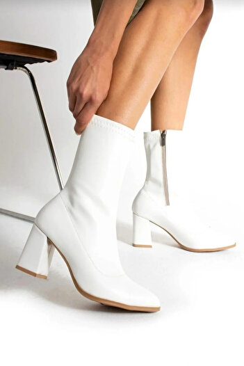 LUXEON Women's White Waterproof Zippered Heeled Stretch Boots Stylish Non-Slip Sole Pointed Toe Casual Bootie Boots