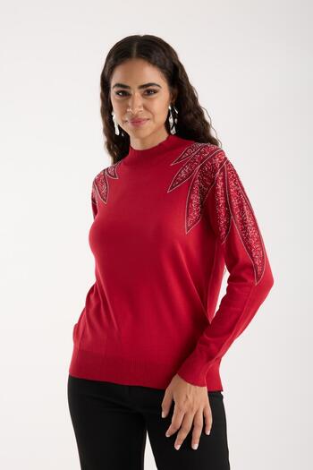 Moda Days Women's Red Half Turtleneck Shoulder Stone Embroidered Knitwear Sweater