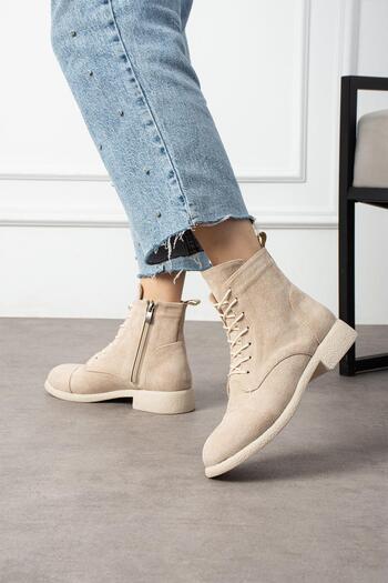 ShoeTek Marcello Kadın Bot&Bootie Kauçuk Tabanlı Bağcıklı Bej Süet