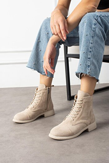 ShoeTek Marcello Kadın Bot&Bootie Kauçuk Tabanlı Bağcıklı Bej Süet