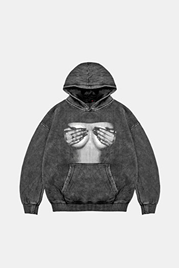 Sekizbiraltı Silhouette Boobs V2 Τυπωμένο Oversize Unisex Πλενόμενο Μαύρο Φούτερ με κουκούλα