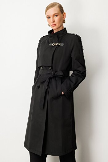 Ekol Turtleneck Belted Trench Coat 7003-25K Black