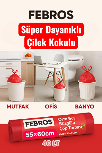 Febros 40 Lt ( 5 PAKET ) Avantaj Paket Orta Boy Çilek Kokulu Büzgülü Çöp Poşeti Çöp Torbası 50 Adet