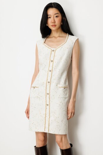 Ekol Chain Detailed Midi Tweed Dress 4001-25K Ecru