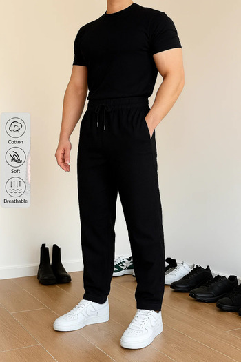 COMBİNE MİCHAİL Men's Elastic Waist Casual Black Linen Trousers
