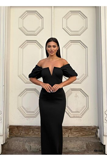 Modafeminen Flexible Scuba Fabric Strapless Sleeve Pleated Detail Evening Dress Black 583323