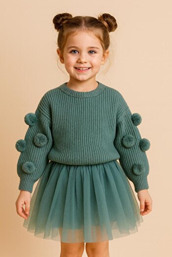 meriç bebe - bütün çocuklar melektir. mrc Girl's Oversized Knit Sweater – Seamless, with Pom-Pom Detail, 2-7 Years Old, Domestic Production