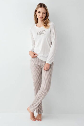 Arnetta Women's Pajama Set, 100% Cotton, Printed & Striped, Crew Neck, Long Sleeve, with Pockets, White