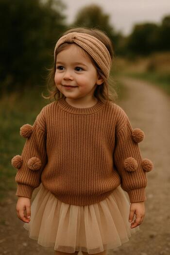 meriç bebe - bütün çocuklar melektir. mrc Girl's Oversized Knit Sweater – Seamless, with Pom-Pom Detail, 2-7 Years Old, Domestic Production