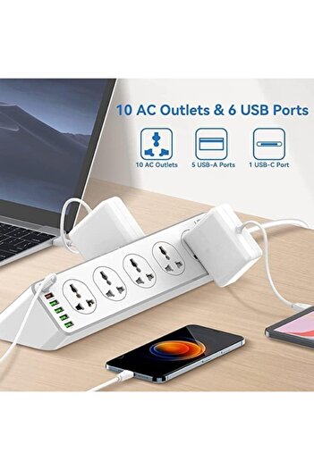 Generic 5 Usb Socket 10-way Power Strip With Usb Type-c Port Charging Slot Extension Cable 2 Meter
