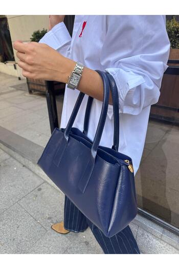 Tina İstanbul Three-Compartment Long Handle Women's Hand and Shoulder Bag Navy Blue