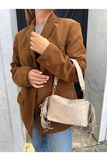 Tina İstanbul Tasseled Suede Double Strap Women's Hand and Shoulder Bag Mink