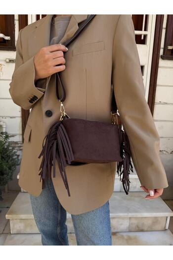 Tina İstanbul Tasseled Suede Double Strap Women's Hand and Shoulder Bag Bitter Brown
