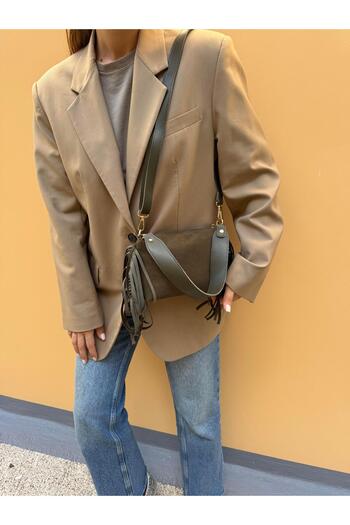 Tina İstanbul Tasseled Suede Double Strap Women's Hand and Shoulder Bag Khaki