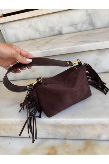 Tina İstanbul Tasseled Suede Double Strap Women's Hand and Shoulder Bag Bitter Brown
