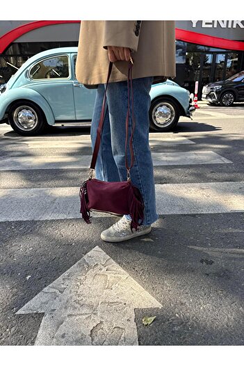 Tina İstanbul Tasseled Suede Double Strap Women's Hand and Shoulder Bag Burgundy