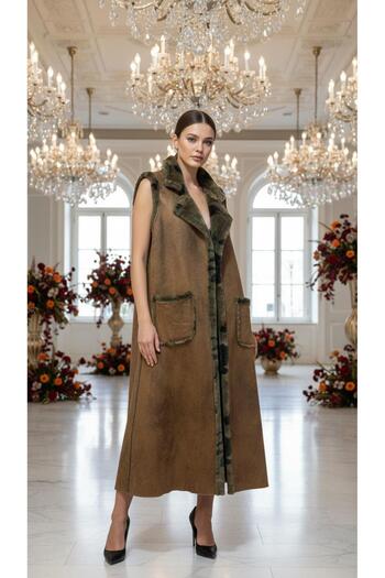 AGORATEKSTİL Women's Italian Oversize Fur Vest with Camouflage Pattern Inside and Double Pockets
