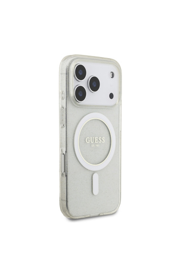 Guess Clear iPhone 17 Pro Max case with a rosary pendant. A sturdy, shock-resistant iPhone 17 Pro Max case that supports wireless charging.