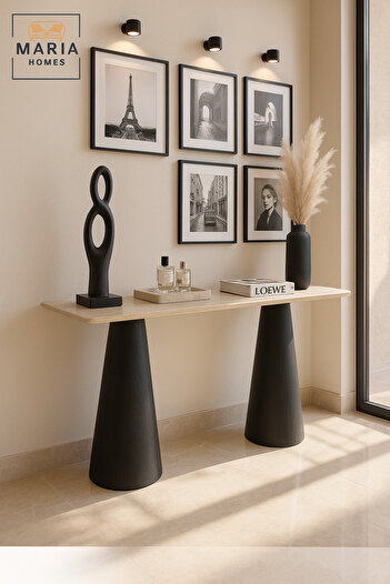 MARIA HOMES Modern Console Table – Beige Top with Black Base, Entryway & Living Room Furniture (140×40×80 cm)