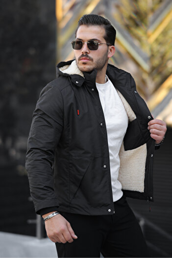 FASİON Winter Fur Lined Detachable Hood Men's Coat