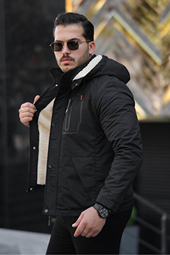 FASİON Winter Fur Lined Detachable Hood Men's Coat
