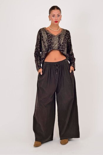 Park Moda 30530 Elastic Waist Palazzo Rubberized Velvet Pants