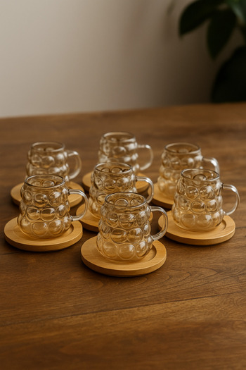 CHANCE GİFT 12 Piece Glass Grape Model Coffee Side Cup Espresso Cup Set with Wooden Base and Elegant Handle (90 ml)