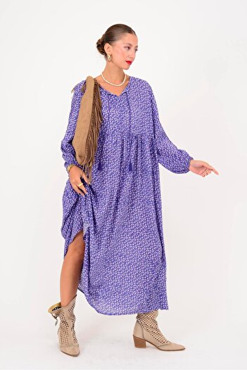 Park Moda An10494 Tassel Detailed Crisp Floral Pattern Dress